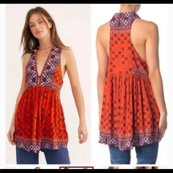 Free People Charlotte Mixed-Print Racerback Fit & Flare Top SZ S - Picture 2 of 7